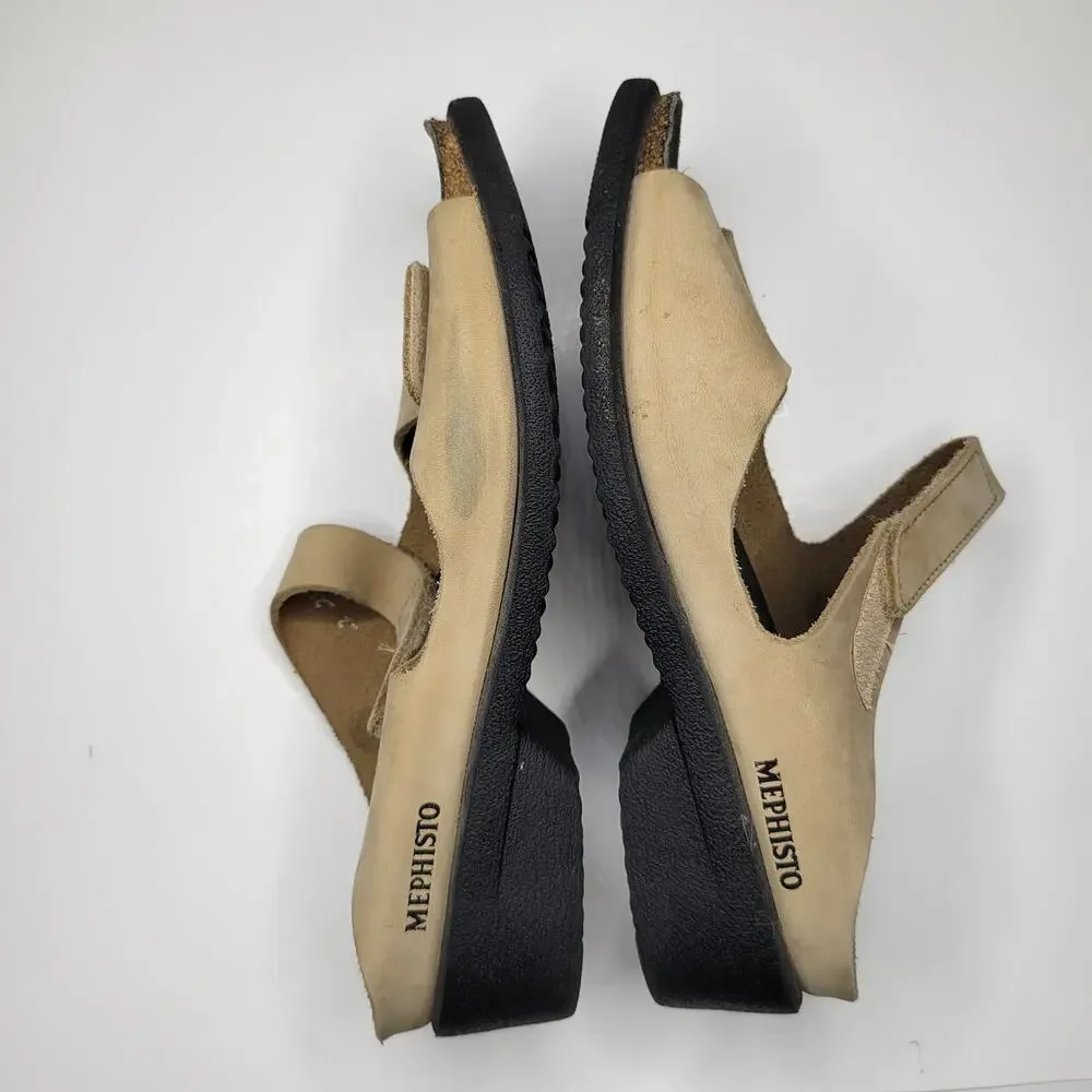 Mephisto Double Strap Sandals Light Tan Neutral Hook Loop Adjustable Women 41